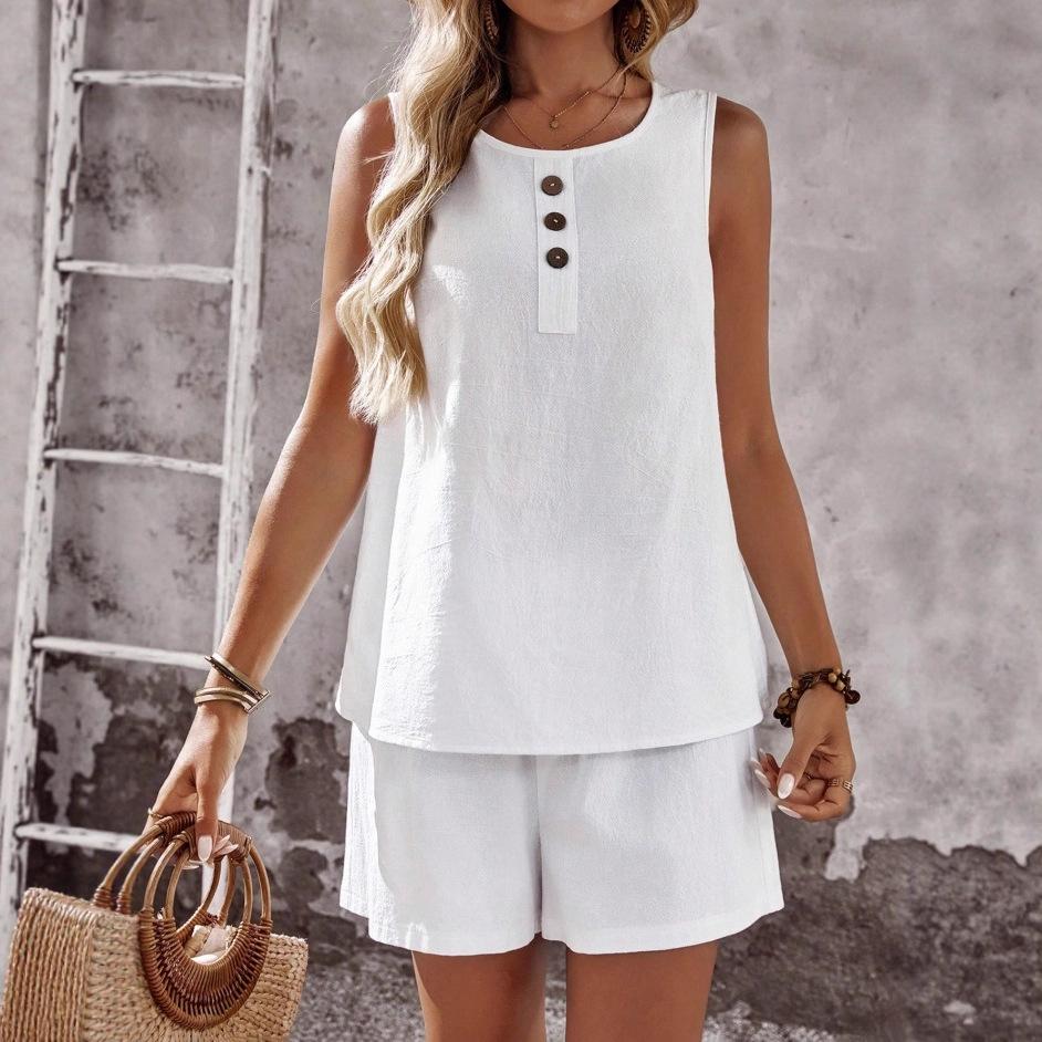 1116 European and American solid color sleeveless vest shorts casual fashion two-piece suit women