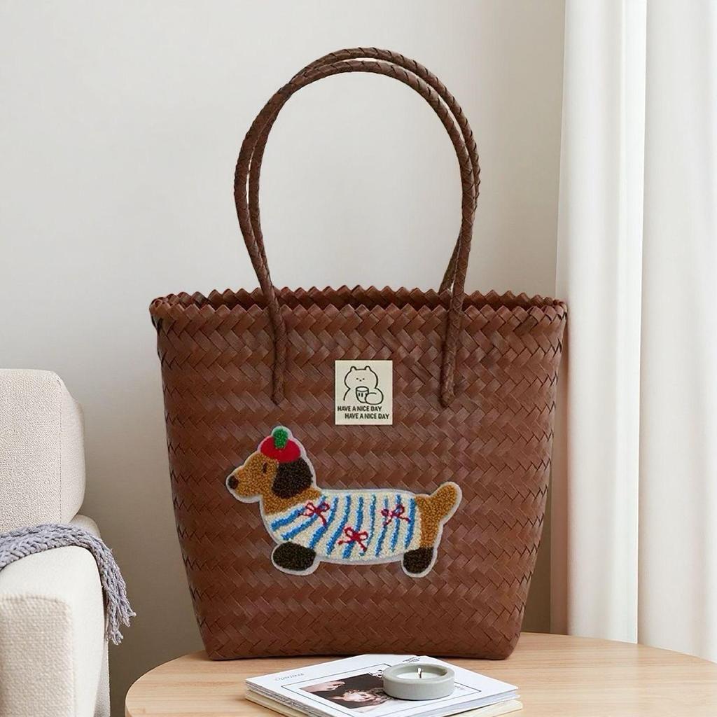 Плетеная сумка-тоут для щенка таксы с бамбуковой ручкой, винтажная пляжная сумка