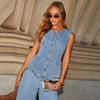 Fashion Button Denim Vest Women's Round Neck Sleeveless Solid Color Jacket Temperament Casual Vest Commute Harajuku Style Spring and Summer New