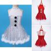 Kids Girls Christmas Snowman Costume Tutu Dancewear Sleeveless Mesh Splice Halter Figure Ice Skating Dress