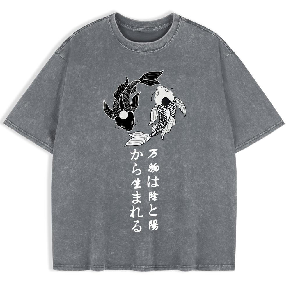 Мужские washed футболки с принтом Japanese Koi Harajuku, хлопковые топы с коротким рукавом, повседневные оверсайз футболки с круглым вырезом, одежда