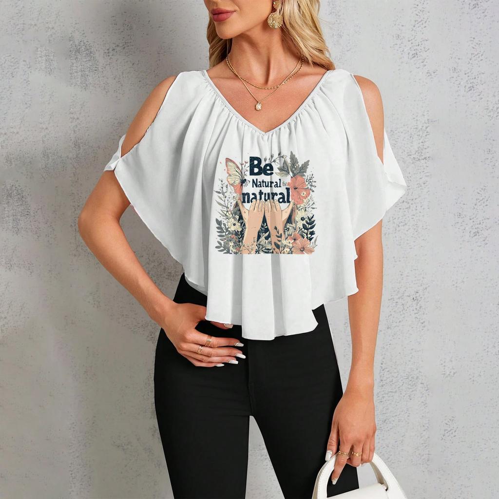 Женская повседневная футболка с V-образным вырезом и открытыми плечами с гавайским принтом