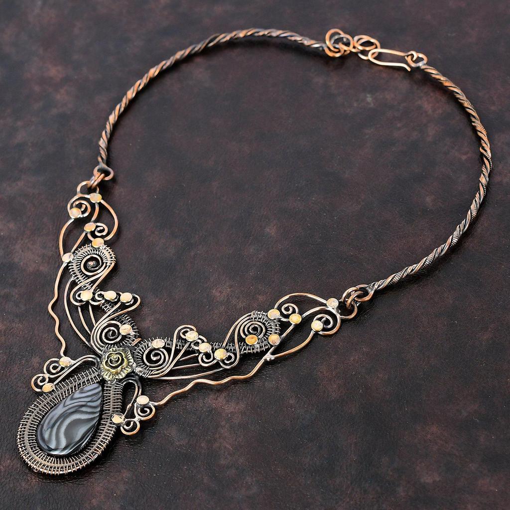 Ожерелье из псиломелана, ожерелье из медной проволоки, ожерелье ручной работы, регулируемое ожерелье, подарок для нее, ожерелье из драгоценных камней, изящные медные украшения