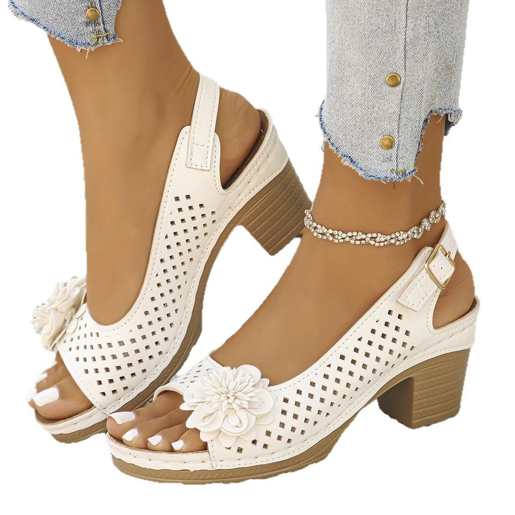 Босоножки на высоком каблуке с цветочным принтом импортного производства, новые европейские и американские модные повседневные с пряжкой и однотонными полыми римскими сандалиями