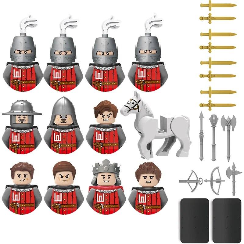 Детские игрушки, средневековый военный солдат, строительный блок, замок, рыцарский корпус, оружие на поле боя, боевой конь, мультяшные фигурки, кирпичи