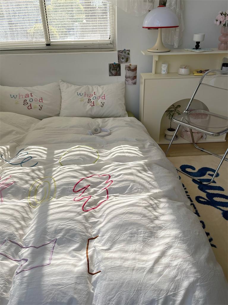 Стираный хлопок с вышивкой «девчачье сердце» из чистого хлопка, комплект из четырех предметов из стираного хлопка, простыня из чистого хлопка, пододеяльник