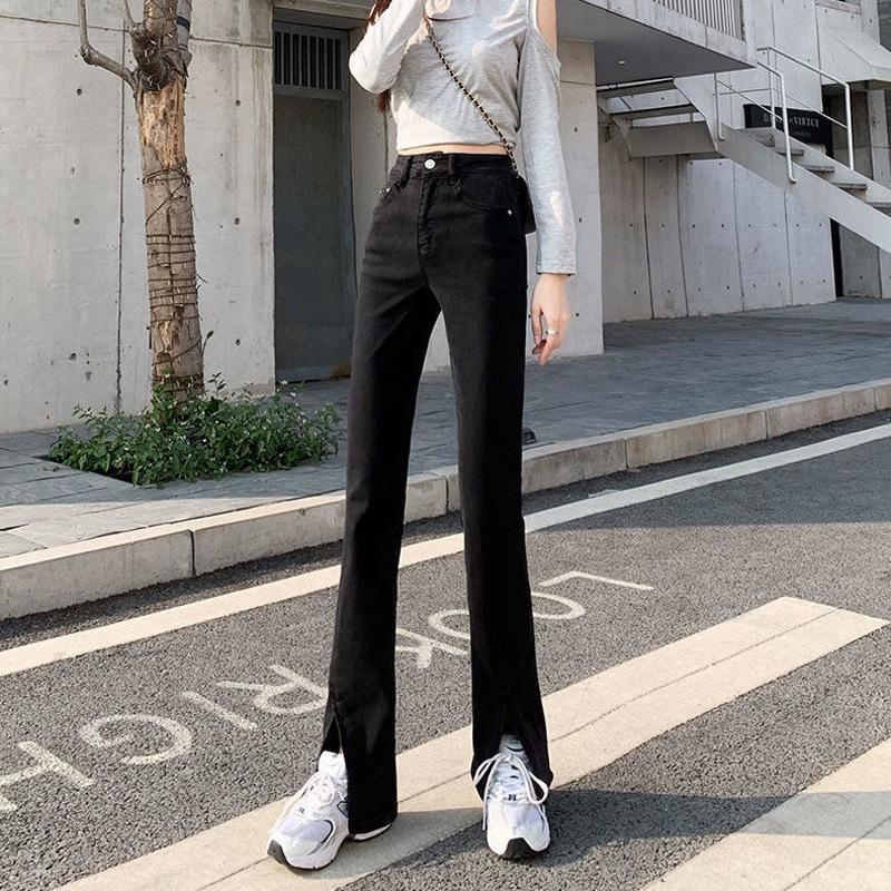 Весенне-летние эластичные джинсовые брюки с высокой талией, тонкие утягивающие прямые женские повседневные джинсовые брюки с разрезом, микро-прямые