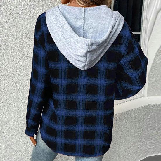 Autumn Winter Women Hoodie Coat Plaid Solid Color Stitching Hooded Drawstring Patch Pocket Long Sleeve Single Breasted Sweatshirt Jacket