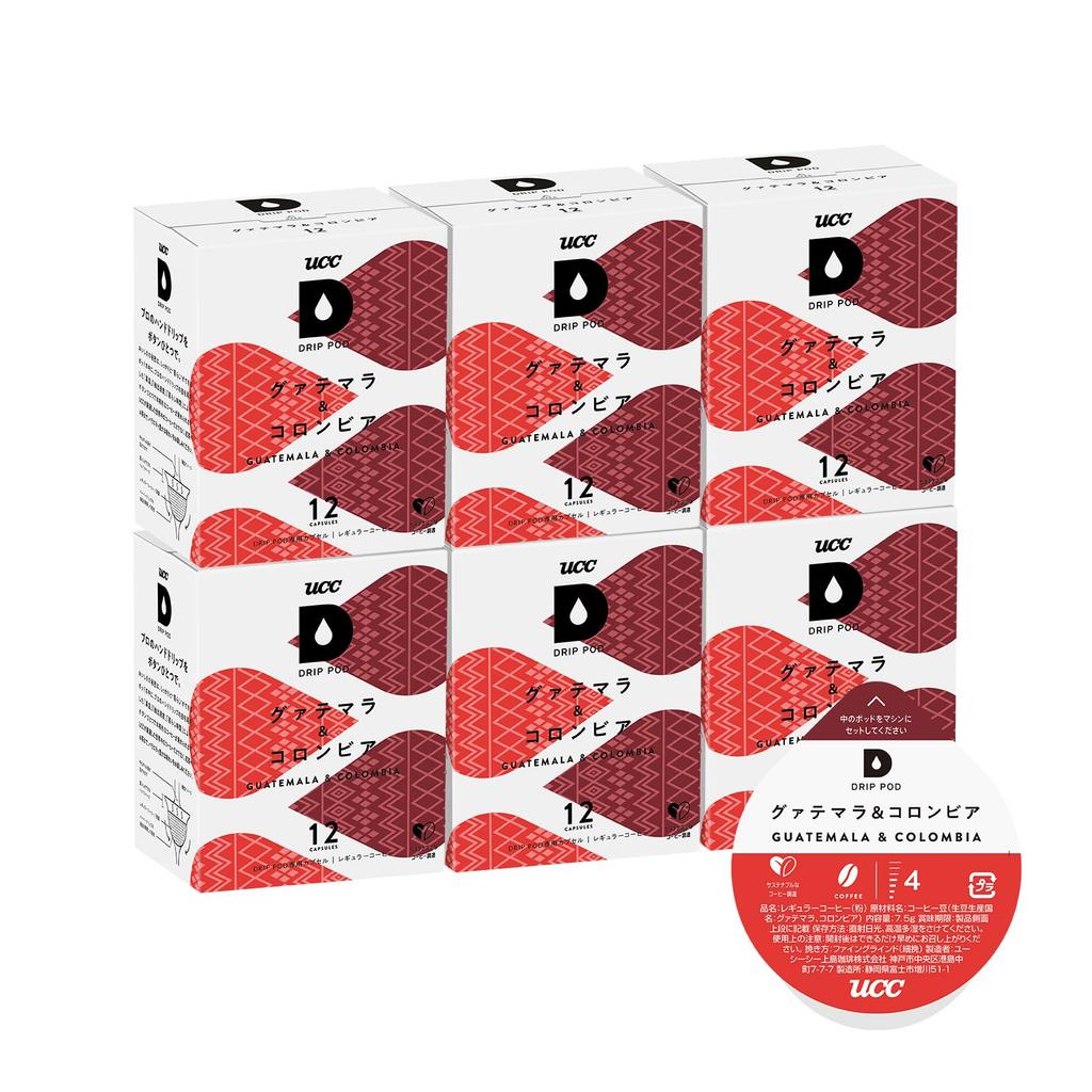 UCC Drip Pod Capsules, Guatemala & Colombia, 12 servings x 6 boxes