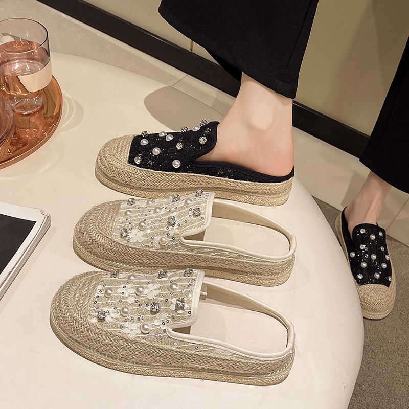 Модные женские тапочки, толстые туфли для женщин, кружевные мюли со стразами, сандалии, стразы, шлепанцы, платформа, драгоценности, ПВХ, легкая одежда, 39 лучших дизайнов