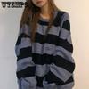 Рубашки в полоску с длинным рукавом Harajuku, уличная одежда, эстетические корейские свободные топы, винтажный хиппи с круглым вырезом, черный пуловер Kpop