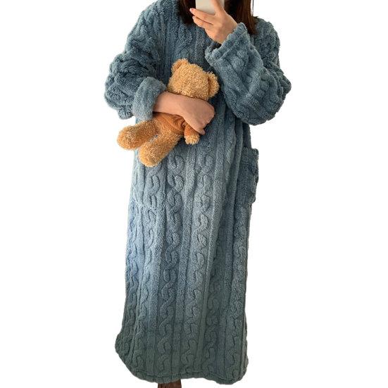 Women's Flannel Nightgown Fuzzy Fleece Sleepdress Loose Crew Neck Long Nightdress with Pockets Cozy Plush Warm Winter Pullover Loungewear