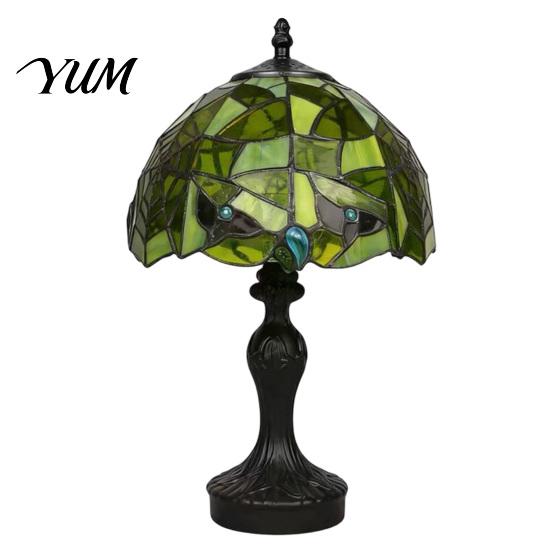 Retro Style Entrance Lamp Green Stained Glass Desk Lamp, Hand-Carved Resin Base Vintage Tiffany Atmospheric Decor Table Light for Bedroom Study
