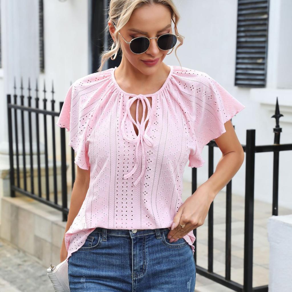 Полые жаккардовые блузки с рукавами реглан, рюшами и рукавами реглан, однотонный топ на шнуровке с короткими рукавами, женская летняя блузка