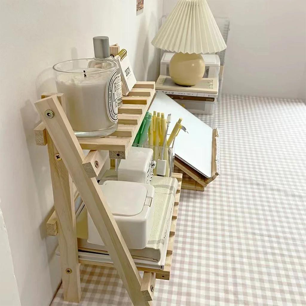 Wooden Desktop Storage Rack 2-Layer Desktop Storage Shelf Folding Desk Storage Organizer Stationary Shelf for Dormitory Bedroom