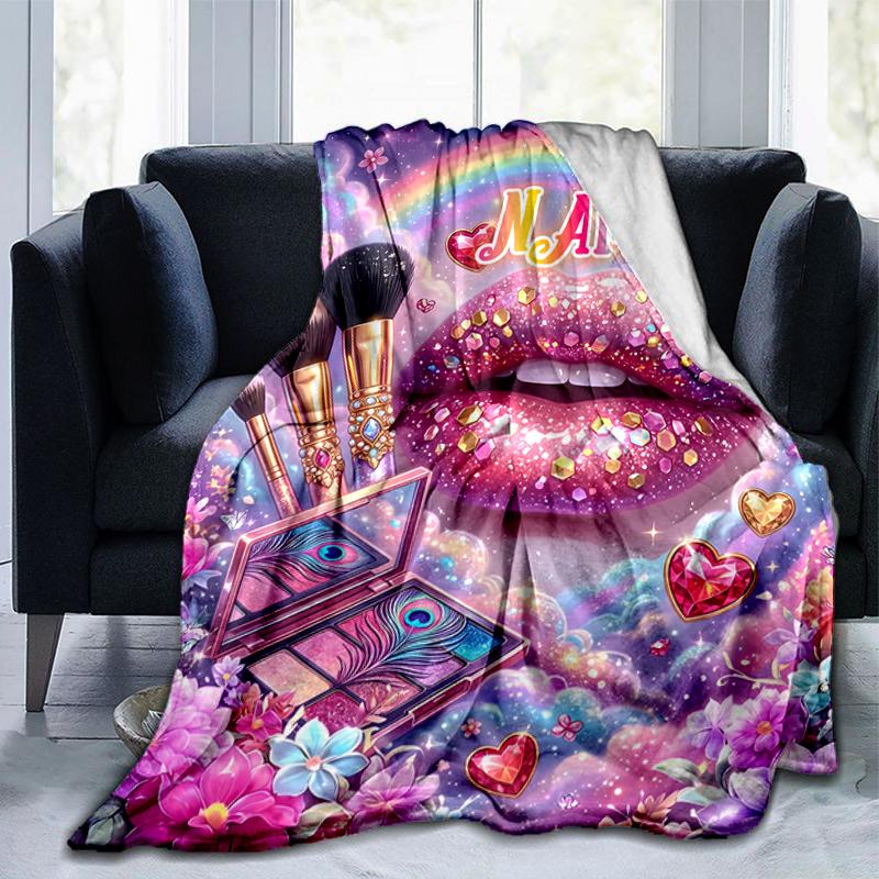 1PC Custom Name Rainbow Makeup Fantasy outdooor Flannel blankets Throw Blanket All-Season Throw Gift Bedspread for Couch, Bed, Camping Holiday Birthda
