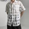 Men Lapel Neck Mesh Sheer Transparent Plaid Tops T-Shirts