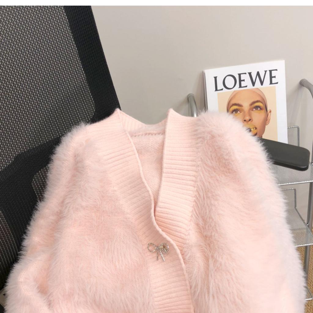 Высококачественное пальто-свитер из розового норкового бархата для женщин, новинка осени и зимы, толстый, свободный, элегантный вязаный кардиган с V-образным вырезом