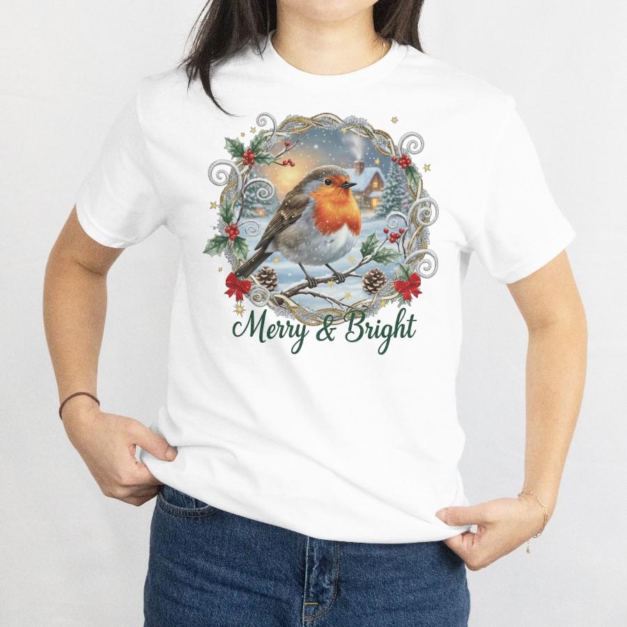 Merry and Bright Robin With Holly, Winter Garden Christmas Scene Festive Xmas Tee