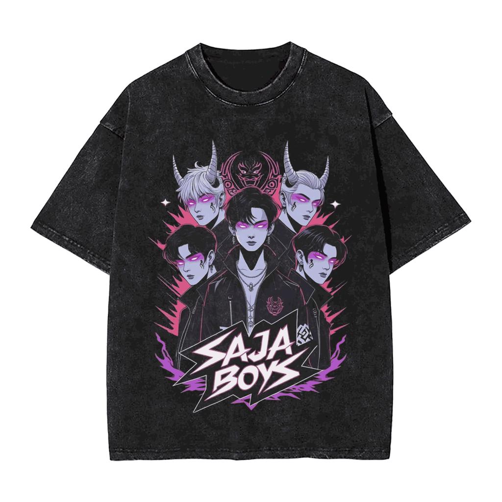 Saja Boys Kpop Охотники на демонов Графический принт Футболка Мужская Женская Харадзюку Винтажная Стиранная Свободная Повседневная Оверсайз Хлопок Короткий рукав Летняя Новая Футболка