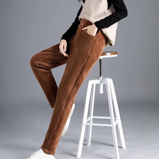 Прямые вельветовые брюки с высокой талией, эластичным поясом и карманами, женские осенне-зимние однотонные брюки на флисовой подкладке