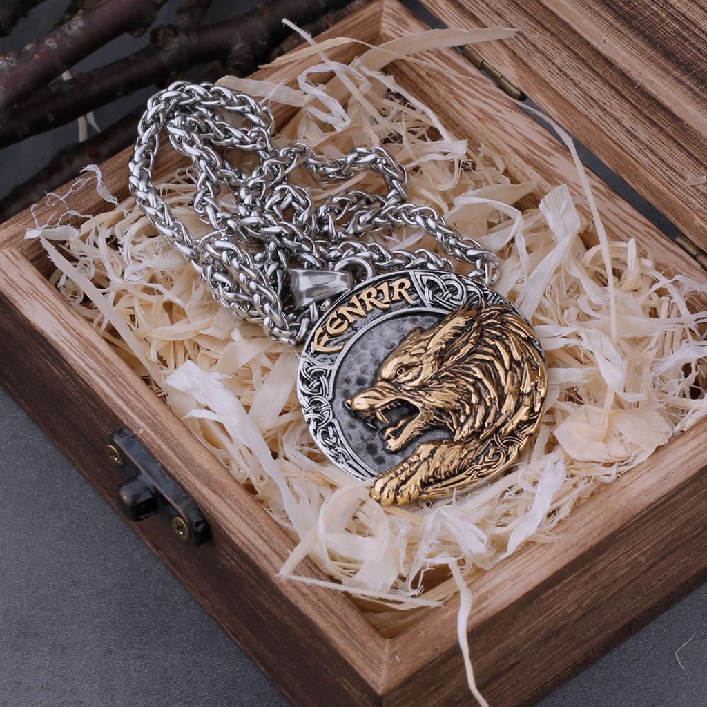 Stainless Steel Vintage Vikings Fenrir Wolf Head Necklace Mixed Gold Color Nordic Amulet Biker Pendant Jewelry Gift