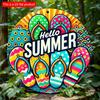 2d Flat 20*20cm "Hello Summer" Flip Wall Art, Vibrant Wooden Sign with Tropical Design, Circular Wooden Decoration, Suitable for Bars, Cafes or Clubs,