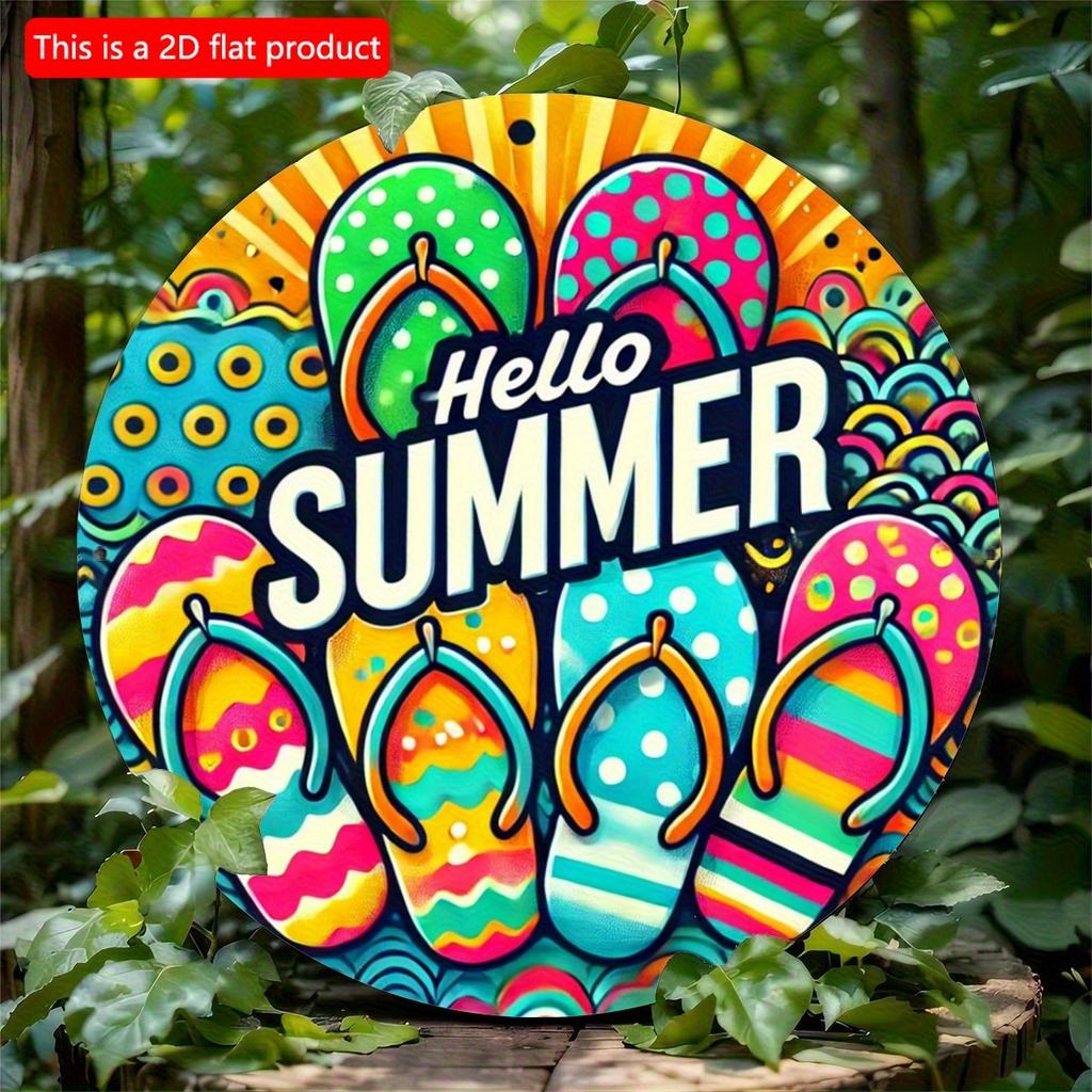 2d Flat 20*20cm "Hello Summer" Flip Wall Art, Vibrant Wooden Sign with Tropical Design, Circular Wooden Decoration, Suitable for Bars, Cafes or Clubs,