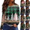 Women's Fashion Hem Slit Casual Christmas Printed Round Neck Long Sleeve Top