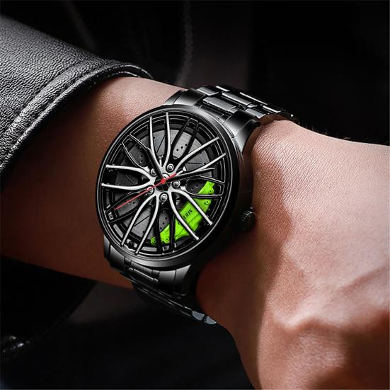 Quartz Watch Precise Round Dial Pointer Display Shockproof Hidden Clasp Chronograph with Car Wheel Rim Hub Design Automatic Quartz Wristwatch Clock