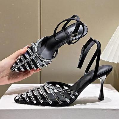 Французские серебристые туфли-лодочки на высоком каблуке Женские 2024 Лето Новые Тонкий каблук Стразы Модные сандалии Сексуальные туфли с вырезами Женские Zapatos