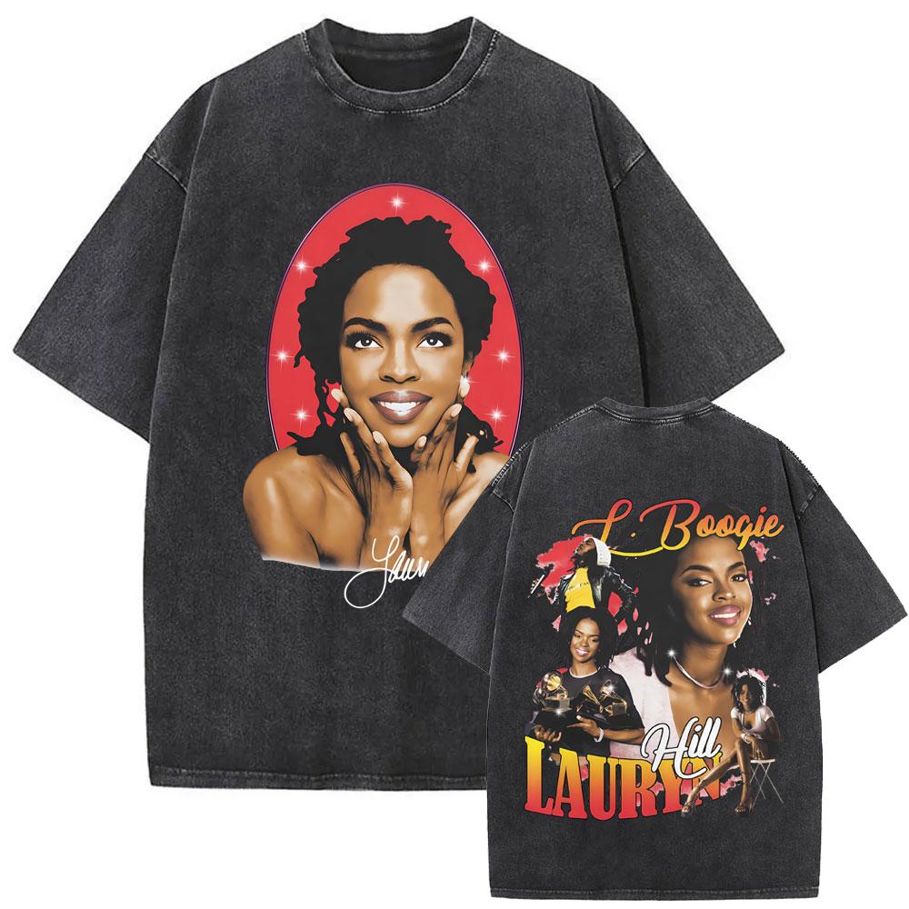 Washed Vintage Singer Lauryn Hill Graphic Print Tshirt Men Women Clothing Hip Hop Fashion Street Oversized Crewneck Tee Shirts