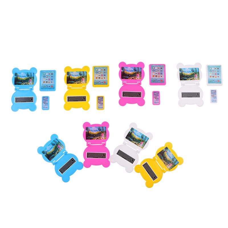 3Pcs/Set 1:12 Dollhouse Miniature Folding Laptop Model Computer Tablet Phone Set Doll House Office Scene Home Decor Toy