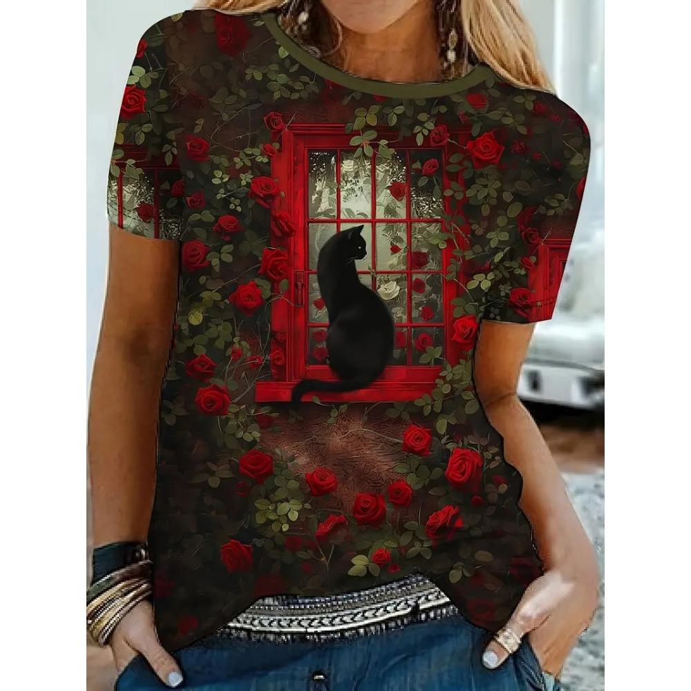 Женская футболка с принтом кошки, оверсайз, свободного кроя, повседневная, модная и универсальная