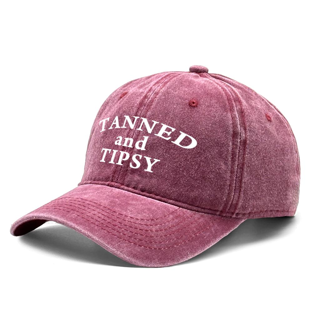 Unisex Adjustable Sun Hat "Tanned and Tipsy" Print Trucker Cap Distressed Retro Outdoor Snapback Baseball Caps One Size Fits All