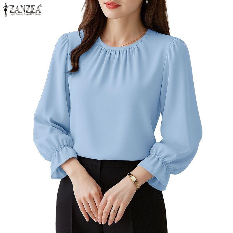 ZANZEA Women Casual Round Neck Loose Long Sleeve Plain Blouse