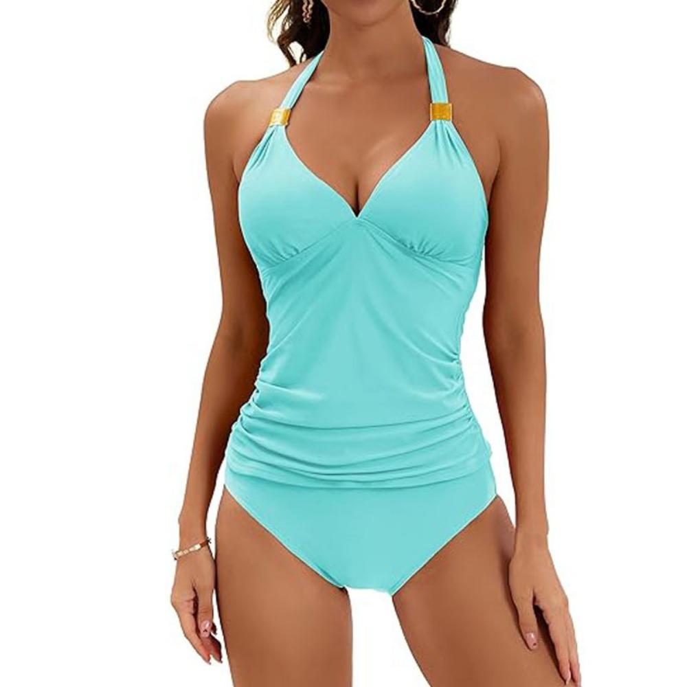 Women's Pure Color Halter Split Strap Belly Contracting Two Piece Swimsuit V-neck Swimsuit with Shorts