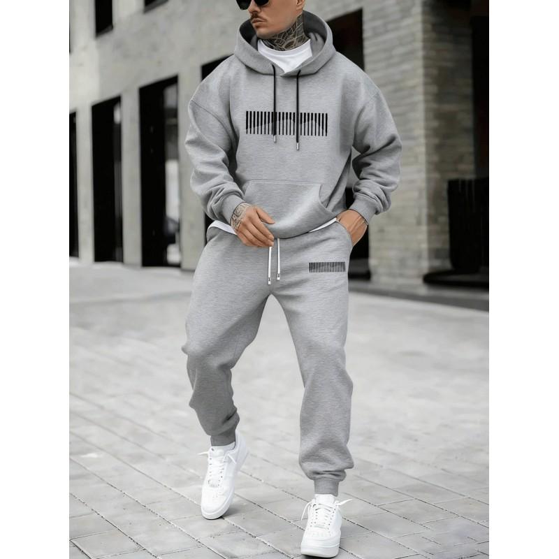Mens Casual Hooded Tracksuit Set Fleece Lined Loose Fit Printed Streetwear Teens Young Adults