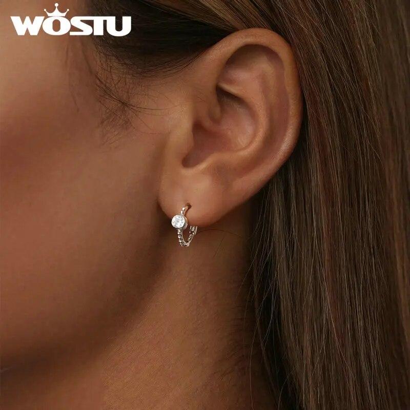 WOSTU 925 Sterling Silver Simple Beads Hoop Earrings Ear Buckles with Zircon Fine Jewelry For Women Girl Party Daily Gift