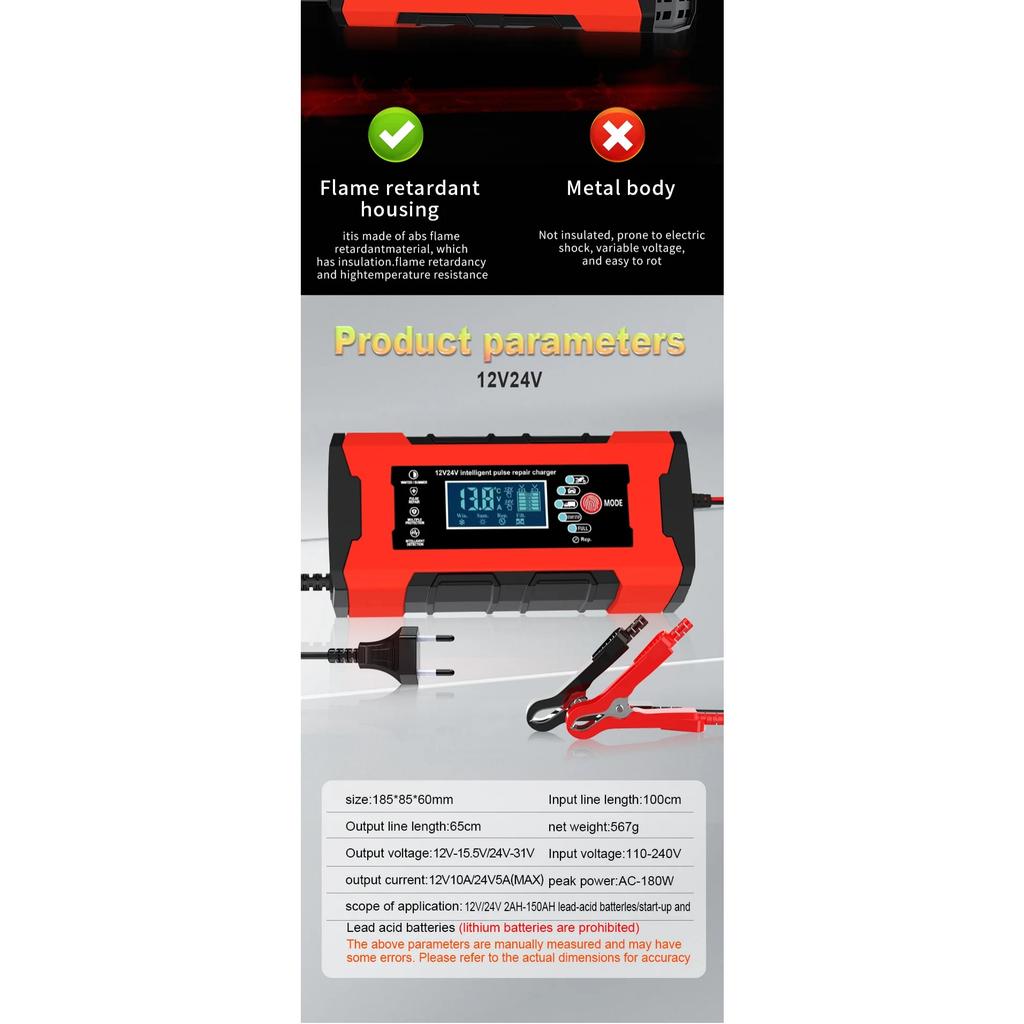 Зарядное устройство для аккумуляторов 24 В 5 А 12 В 10 А, умная быстрая зарядка для автомобильных аккумуляторов, 7-ступенчатый импульсный заряд, ремонт для AGM GEL WET свинцово-кислотных аккумуляторов