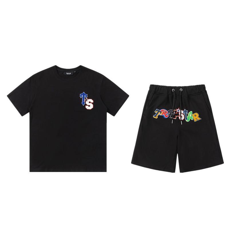 Mens Gradient Letter Embroidered Cotton Tee Shorts Set Streetwear Casual Outfit