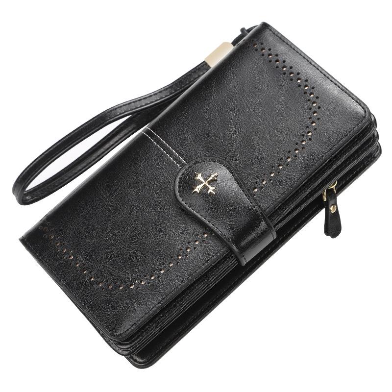Baellerry Women's Long Purse Vintage Fashion Wallet Zipper Coin Purse Simple Card Holder Multi-card Slot Clutch Bag with Lanyard