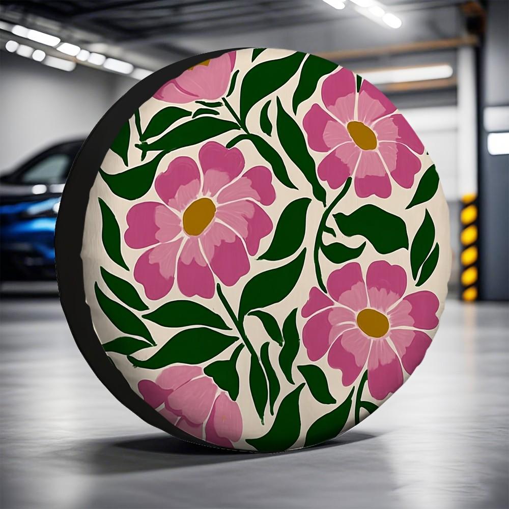 Pink Floral Tire Cover Outdoor SUV Spare Wheel Protector Durable Polyester