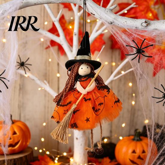 Halloween Party Decorations Witch Doll with Broom, Small Hanging Figurine Themed Gauze Skirt for Haunted House, Door Window Decor Cool Accessory