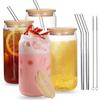 4pcs Set Glass Coke Cup Jar Cups with Bamboo Lid and Straws Reusable Drinking Glass Tumbler Beer Cans Glasses for Coffee Milk
