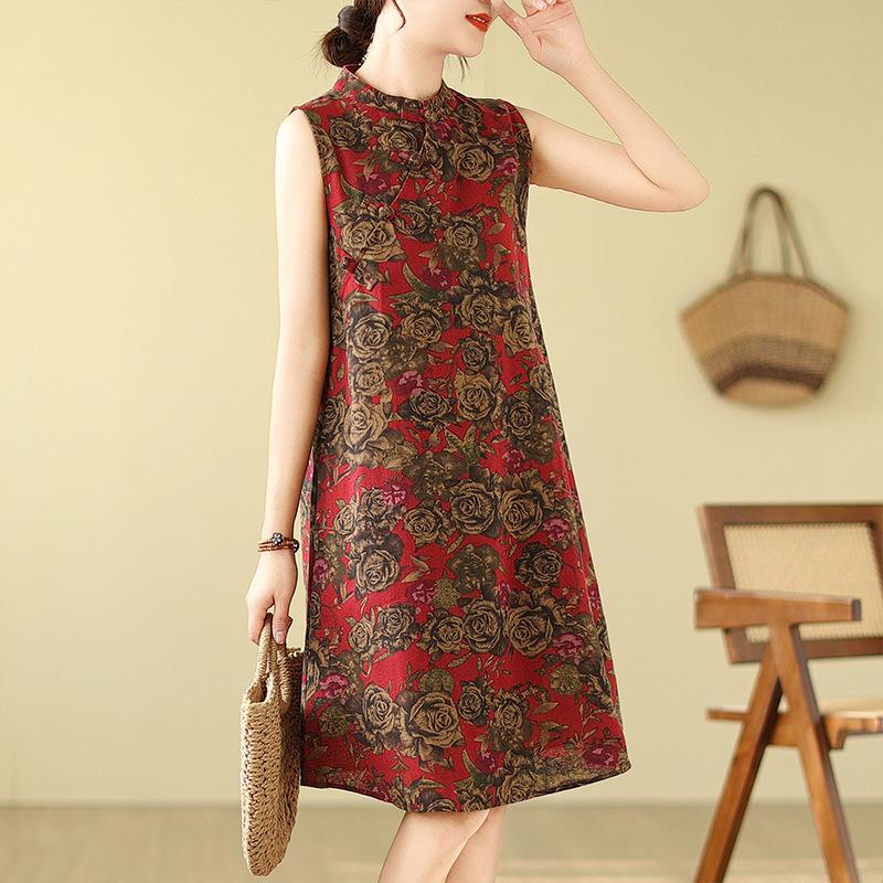 Летняя женская китайская ретро улучшенная юбка-ципао с дисковой пряжкой, свободное хлопковое и льняное платье без рукавов с принтом