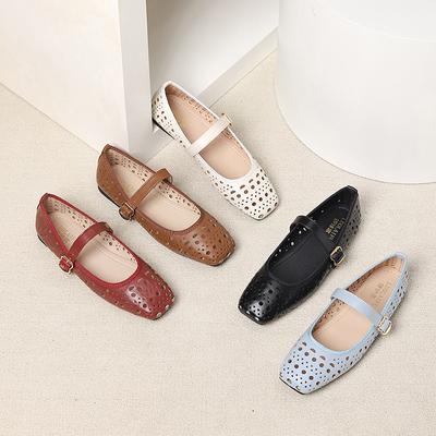 Модная новая летняя обувь с вырезами, женские балетки с квадратным носком и ремешком на щиколотке, ажурные балетки из мягкой кожи, дышащие мокасины, женские, большой размер 43