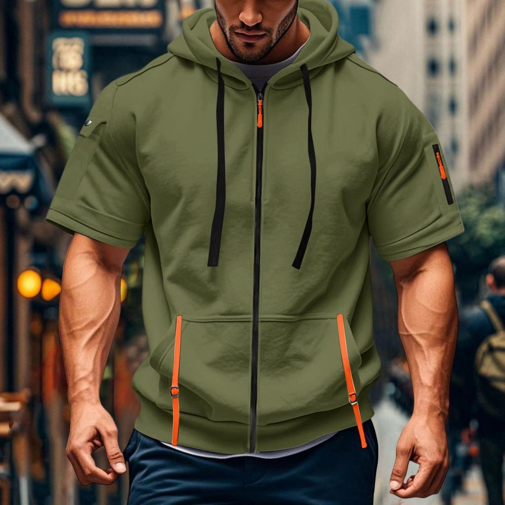Men's Casual Short-sleeved Sweatshirt. Loose And Breathable Solid-color Sweatshirt Jacket With Multiple Pockets And A Zipper.