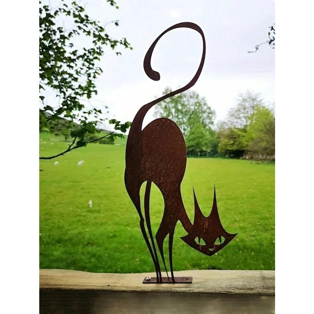 Wrought Iron Cat Fence Sculpture, Rusty Finish Outdoor Garden Statue, Lawn Stake Art for Yard Party Decor, Unique Metal Gift