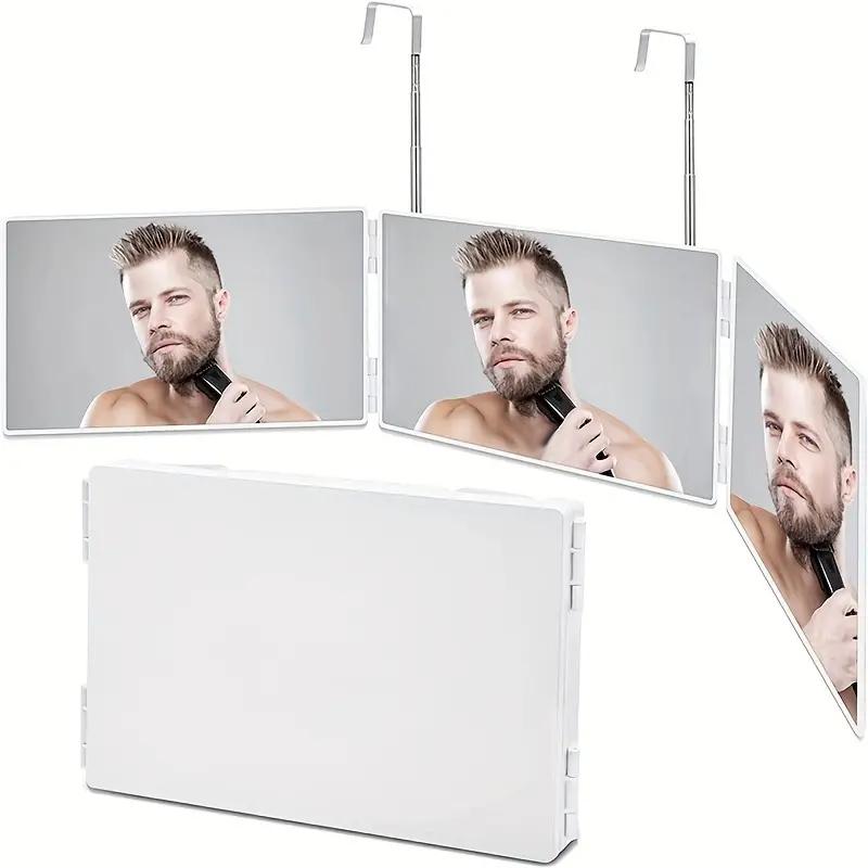 Trifold Shaving Mirror with Height Adjustable Telescoping Hooks for Self Hair Cutting Makeup Essential Fordable Portable White
